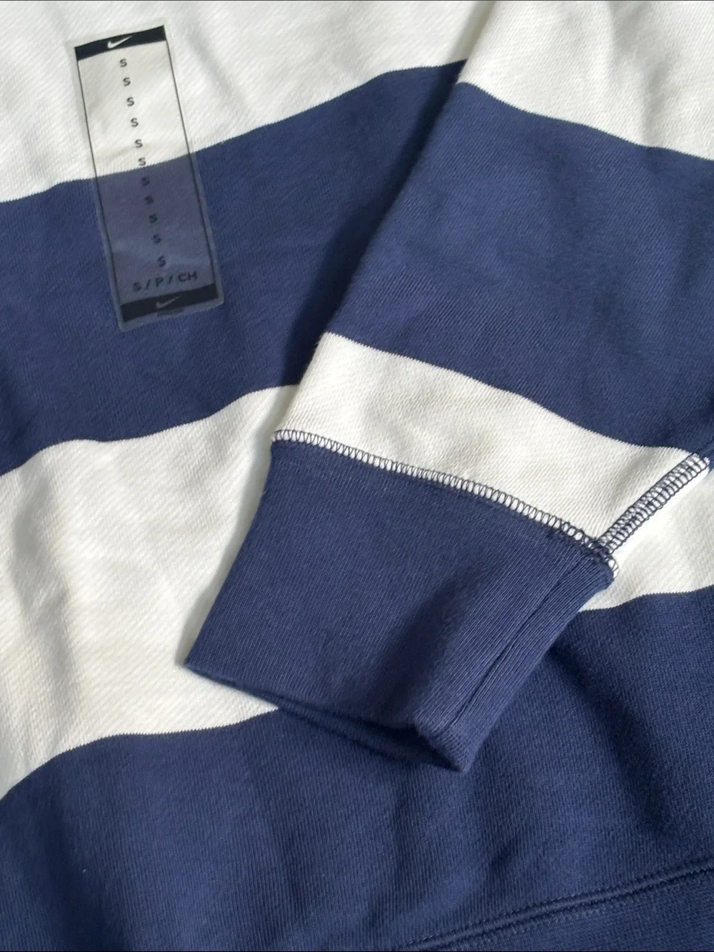 Nike Men’s Navy and White Bold Striped Crewneck Sweater